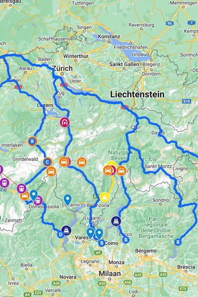 Alternatieve routes door Zwitserland inclusief bergpassen